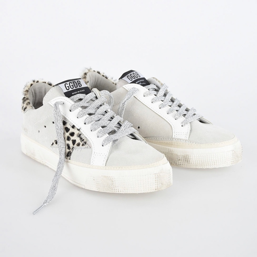 Golden Goose May Sneaker in White Suede & Leopard Star
